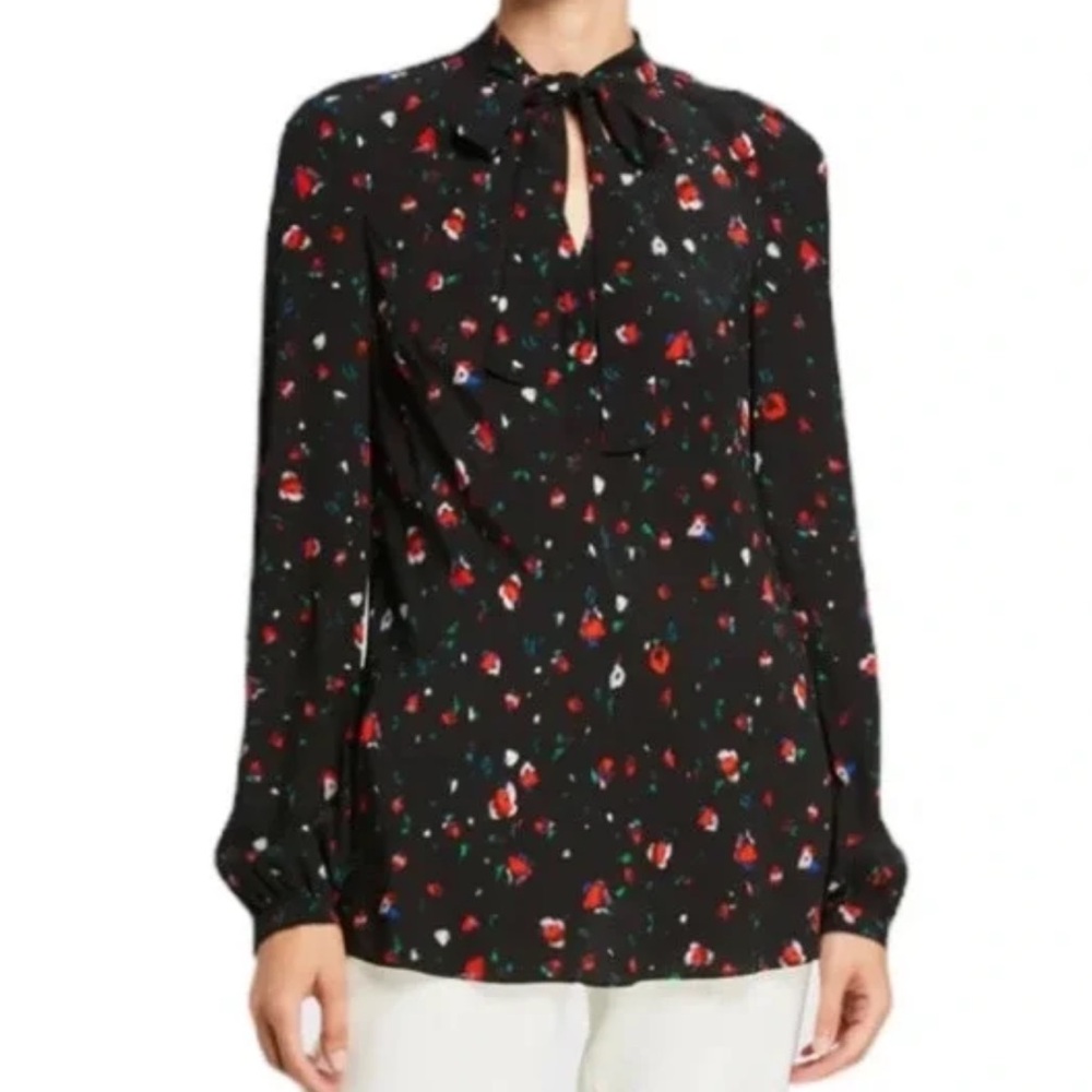 Derek Lam 10 Crosby Evadne Tie Neck Blouse in Black Floral size 8 $295